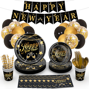 Juego <span class=keywords><strong>de</strong></span> Artículos para Fiesta <span class=keywords><strong>de</strong></span> <span class=keywords><strong>Nochevieja</strong></span> en Negro y Dorado, Juego <span class=keywords><strong>de</strong></span> Platos, Vasos y Servilletas <span class=keywords><strong>de</strong></span> Papel para Fiesta <span class=keywords><strong>de</strong></span> Año Nuevo - Product Image 1