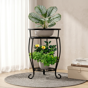 Support à plantes en fer forgé robuste à 2 niveaux, support de pot de fleurs haut pour intérieur et extérieur, résistant à la rouille, étagère d'angle en métal pour plantes - Product Image 1