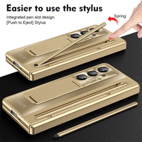 Étui de téléphone en PC électroplaqué à charnière invisible de luxe pour 4 5 6 7 8 Ultra avec stylet, protection d'écran en verre trempé, antichoc