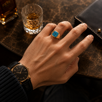 Bague Chevalière Bohème JLM pour Homme, Plaqué Or 18K, Turquoise, Acier Inoxydable, Pierre Bleue Taille Coussin, Vente en Gros de Bijoux