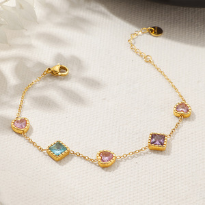 Heart <b>Charm</b> Women's Trendy <b>Bangles</b> Cubic Zirconia Chain 14K Gold PVD Stainless Steel Colorful CZ Perfect Christmas Gift - Product Image 1