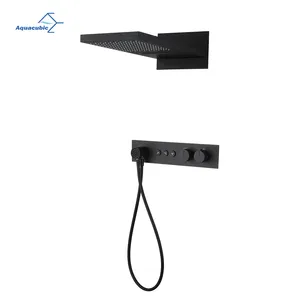 Wall Mounted Matte Black Shower System with Rectangular 3-function Rainfall Waterfall Shower Head and Handheld Shower Sprayer