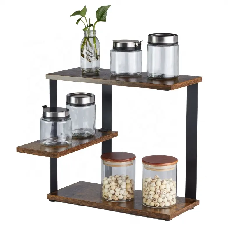 AmoyGlong Metal and Wood Corner wall Shelf 3 Tier floating Kitchen Countertop Organizer