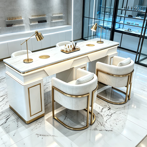 Ensemble de table à ongles avec plateau en marbre, double poste de manucure avec éclairage LED, poste de travail moderne pour salon de beauté avec chaises à ongles assorties - Product Image 2