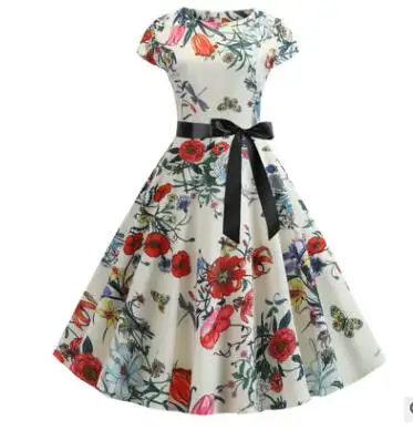 Artı boyutu yaz elbisesi kadınlar çiçek baskı Vintage elbiseler kısa kollu ofis parti Rockabilly salıncak Retro plaj Midi Vestidos