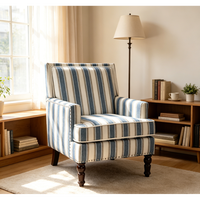 Fauteuil d'appoint rayé bleu et blanc, rembourré, avec garniture cloutée et pieds en bois, pour salon et chambre à coucher