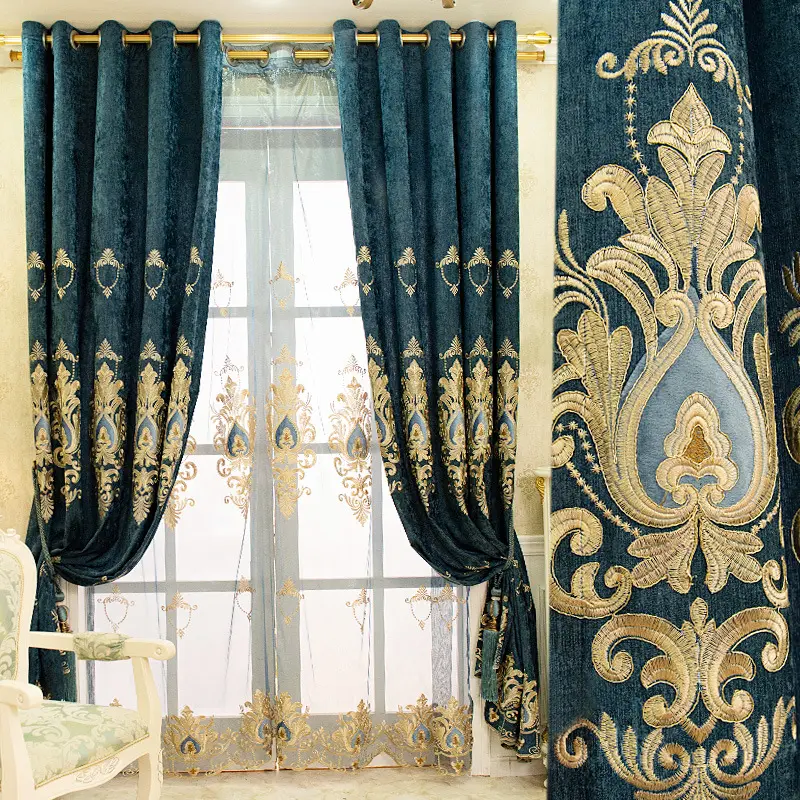 Luxury European Villa Embroidery Applique Sheer Blackout Chenille Fancy Living Room Window Curtains for Bedroom