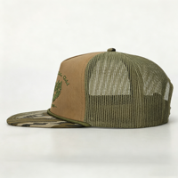 Casquette de baseball OEM de haute qualité avec logo brodé personnalisé, en coton et à visière camouflage, faible MOQ, casquette 5 panneaux style américain en tissu premium
