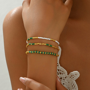 Women's <b>Beaded</b> Bracelet <b>Set</b> Green Gold Crystal Bohemian Style Jewelry Gift - Product Image 1