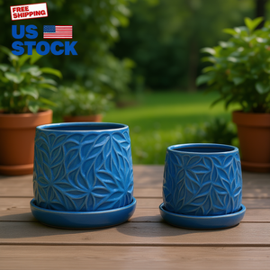 Juego de 2 macetas redondas de cerámica azul Mdj para interior y exterior, con platillos, estilo americano, para jardín y hogar. - Product Image 2