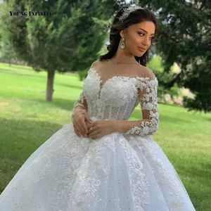 Robe de mariée personnalisée illusion à manches longues, avec fleurs et dentelle, style <span class=keywords><strong>princesse</strong></span>, grandes tailles - Product Image 3
