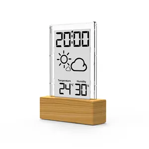 EWETIME simple digital transparent wooden LCD alarm clock with weather forecast and thermometer