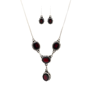 925 Sterling Silver Garnet Jewelry Set Necklace Earrings Red Gemstone Pendant Bezel Setting Women's Classic Elegant Everyday Wea - Product Image 1