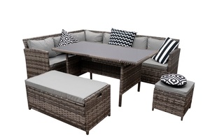 Ensemble <span class=keywords><strong>de</strong></span> <span class=keywords><strong>salon</strong></span> d'extérieur en <span class=keywords><strong>rotin</strong></span> PE 9 places avec canapé d'angle, table, banc et ottoman pour <span class=keywords><strong>jardin</strong></span> et terrasse - Product Image 5