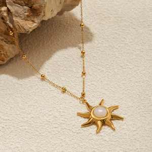Sun Pendant <b>Necklace</b> 18K Gold Plated <b>Opal</b> Inlay Star Shape Beaded Chain Everyday Wear - Product Image 4