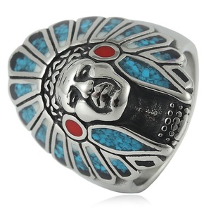 yunnique Men's Stainless Steel <b>Ring</b> With Turquoise Inlay Indian Chief Design Party Jewelry Hip Hop Style Fashion <b>Ring</b> - Product Image 1