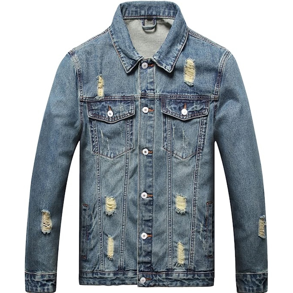 Power Punch Men's Denim Jacket, Ripped Slim Fit Trucker Jean Jacket for Men