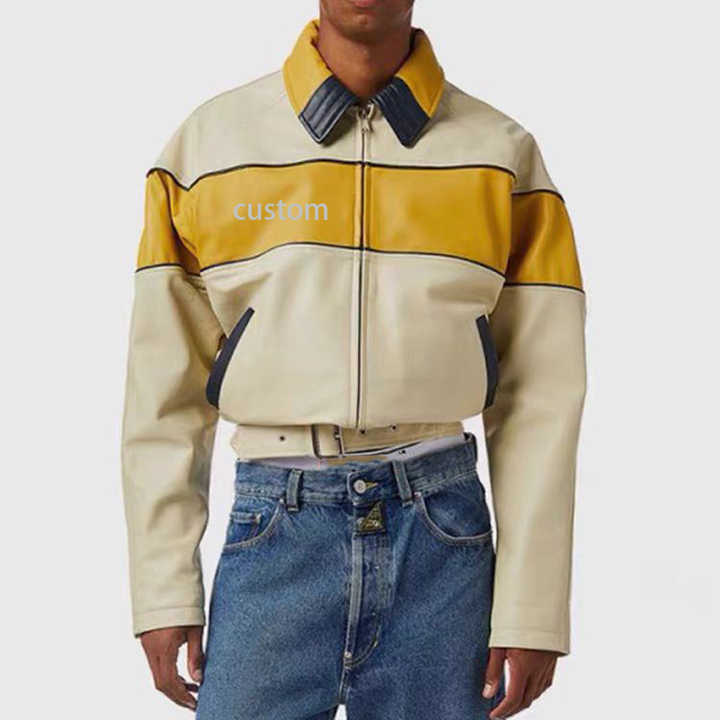OEM Wholesale Custom Design PU Leather Color Blocking Bomber Jacket