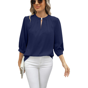 Abbigliamento <span class=keywords><strong>Donna</strong></span> Transfrontaliero Europa America 2026 Primavera Estate Nuovo Stile T-shirt Ampia <span class=keywords><strong>con</strong></span> <span class=keywords><strong>Bottoni</strong></span> Frontali Scollo a V Manica Tre Quarti - Product Image 6
