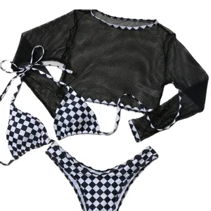 3 pezzi bandiera a scacchi Mesh Cover Up Lingerie Set Sexy boxe Bikini Halterneck Top Set costumi da bagno triangolo da spiaggia Top costumi da bagno