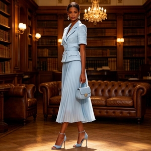 Conjunto de Falda y <span class=keywords><strong>Blazer</strong></span> Elegante Personalizable para Mujer, Color <span class=keywords><strong>Azul</strong></span> <span class=keywords><strong>Claro</strong></span>, Ecológico, Formal, Plisado, con Cuello de Solapa y Hebilla, Manga Corta - Product Image 2