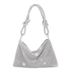 Women Silver Bling Crystal Knotted Evening Handbag For Party Rhinestone Mesh Shoulder Bag In Black