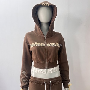 Custom Heavy Cotton Thick French Terry Zipper Hoodies Applique Patch Embroidery Green <b>Zip</b> <b>up</b> Top Lace <b>Cropped</b> Hoodies for Women - Product Image 3