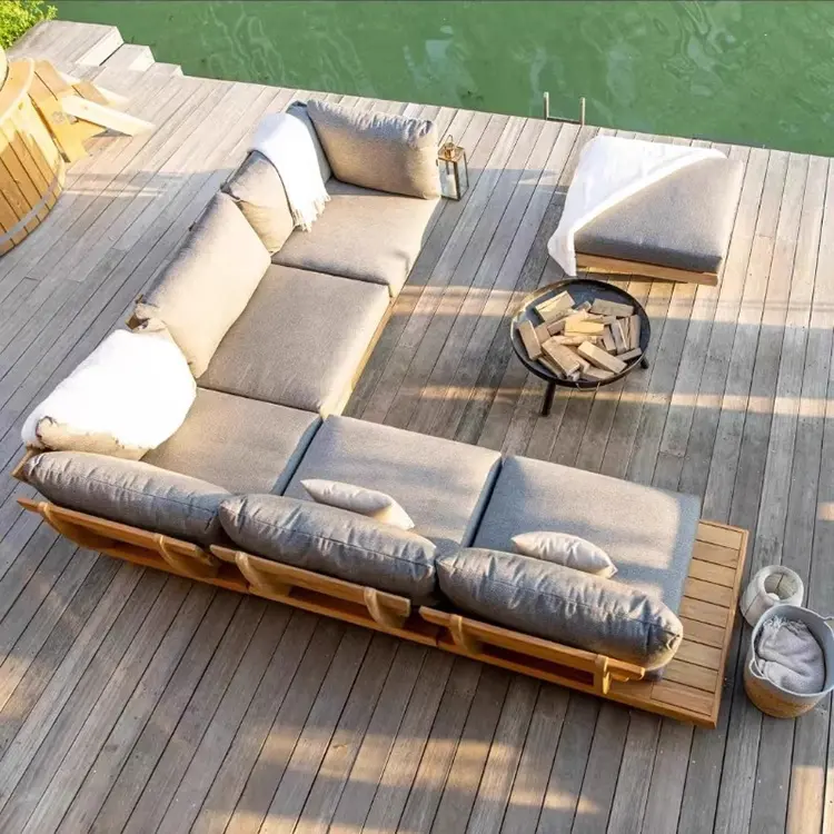 Patio dell'hotel in legno massello di Teak mobili da esterno a forma di divano divano componibile da giardino divano da esterno con tavolino da caffè
