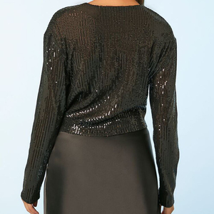Vente chaude femmes décontracté solide <span class=keywords><strong>Sequin</strong></span> à manches longues haut court avec col en v profond <span class=keywords><strong>Sequin</strong></span> tricoté tissu - Product Image 4