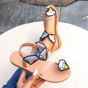 Casual Beach Flat Sandals Women Clip Toe Color <b>Block</b> Diamond Embroidery Elastic Ankle Strap Summer Footwear - Product Image 5