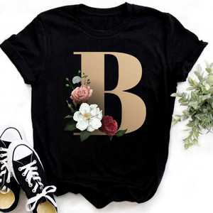 <span class=keywords><strong>T</strong></span>-shirt da Donna Personalizzata con Combinazione di Lettere, Casual, Nera, Manica Corta, con Stampa di Lettere e Fiori B <span class=keywords><strong>C</strong></span> D E F G - Product Image 2