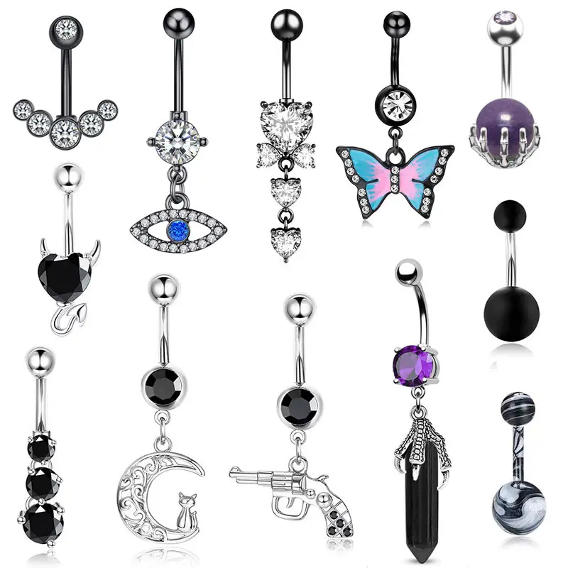 12 estilos negro diamante cristal mariposa corazón Luna diablo ojo ombligo anillos Acero inoxidable vientre anillo ombligo anillo mujeres