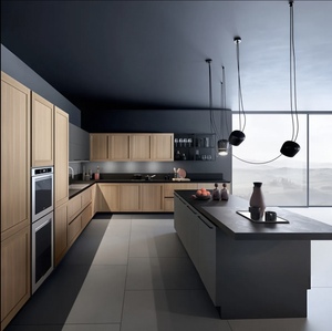 Ensembles d'armoires de cuisine minimalistes en <span class=keywords><strong>bois</strong></span> grainé <span class=keywords><strong>noir</strong></span> mat style Shaker, design contemporain sans poignées, armoires de garde-manger avec îlot - Product Image 2