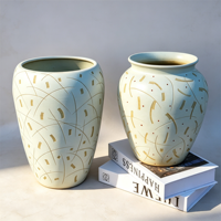 Vas Terakota Lukis Tangan Jossin Wabi-Sabi, Pot Bunga Mulut Lebar, Gaya Rustic untuk Dekorasi Pernikahan dan Rumah