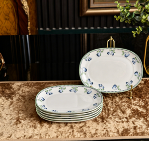 Juego de tazón y platillo de cerámica con diseño de frutas azules y blancas, vajilla duradera y apta para alimentos, para la cocina del hogar, comidas diarias y merienda. - Product Image 2