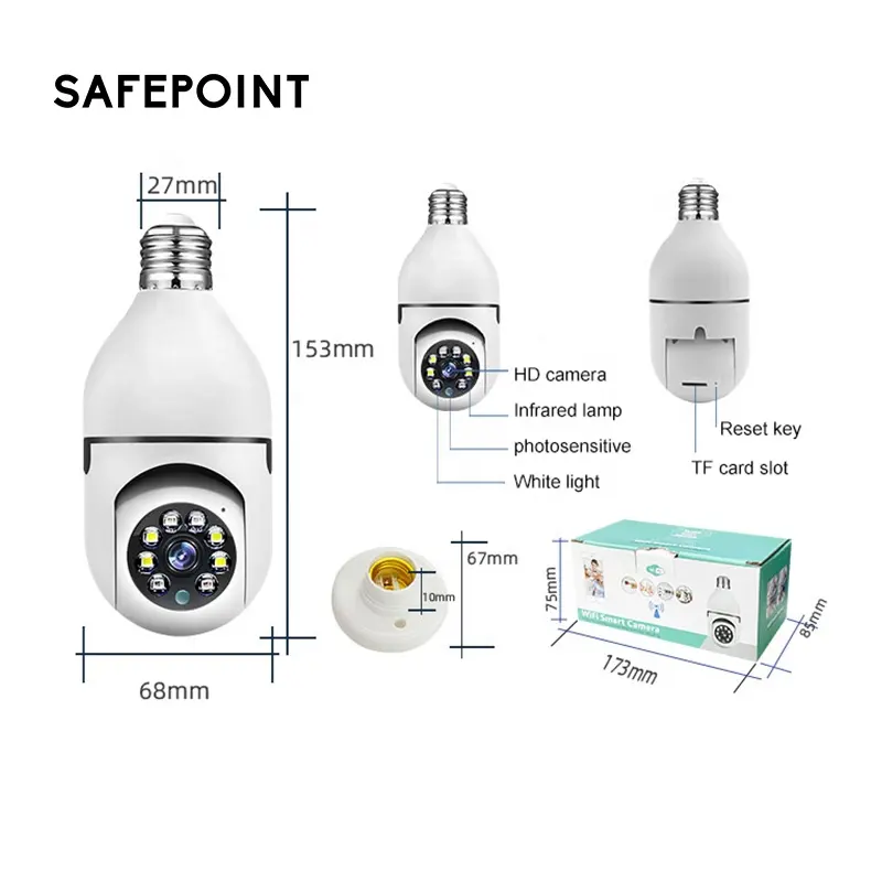 SAFEPOINT SFC03 smart home light bulb lamp wifi 2MP camera 360 Degree pnaoramic wireless IR security VR CCTV camera