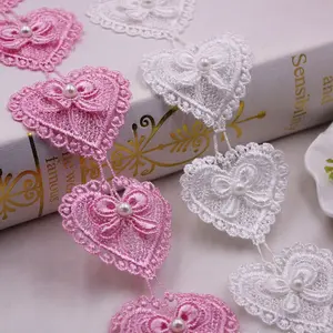 Rosa weiße wasser lösliche Bowknot herzförmige Perlen Spitze Fransen Stickerei Spitze Band Trim