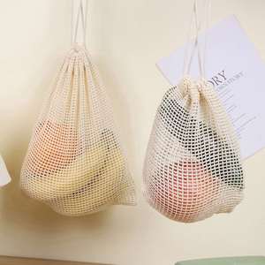 Bolsa de Compras Personalizada, Reciclable, de Malla de Algodón Orgánico, con Cordón, Diseño de Cuadrícula, para Guardar Verduras y Comprar Alimentos, Blanca - Product Image 2