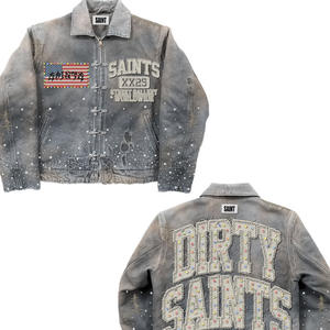 Peso massimo personalizzato 3d ricamo Applique lettera con acido e lavaggio in Denim girocollo uomo Private Label Jeans Y2k giacca - Product Image 2