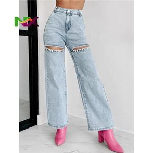 <span class=keywords><strong>Jeans</strong></span> Casual da Donna Personalizzati Taglie Forti <span class=keywords><strong>Jeans</strong></span> Ecoparty da Donna Gamba Larga Alta Qualità Denim Blu Ultimo Design con Buchi e Strappi - Product Image 2