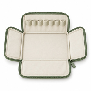 Bolsa organizadora de maquillaje con bandeja plana abierta, de nailon, con paredes plegables en forma de U, cremallera, bucles elásticos para brochas, se puede mantener de pie, logotipo personalizado, ISO BSCI - Product Image 4