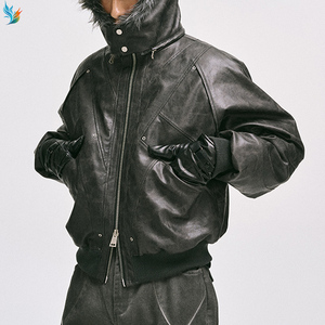 <span class=keywords><strong>Manteau</strong></span> d'hiver surdimensionné noir style aviateur avec capuche en fourrure, veste bomber en cuir vieilli vintage pour <span class=keywords><strong>homme</strong></span> - Product Image 3