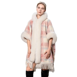 Capa extragrande con capucha de piel sintética a cuadros para mujer, con borlas largas y abertura lateral, ideal para fiestas nocturnas. - Product Image 1