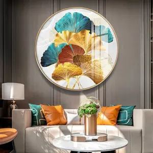 Metal Modern Frame Elegant Display Gold&Green Leave Design Round Living Room Decoration Wall Painting Crystal Porcelain Painting
