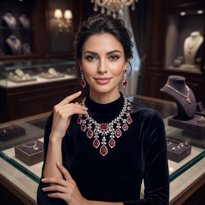 Elegant Brass <b>Ruby</b> Red Zircon Rhodium Plated Choker <b>Necklace</b> Earring Set for Women Luxury CZ Crystal Bridal Party Wedding Gift - Product Image 3