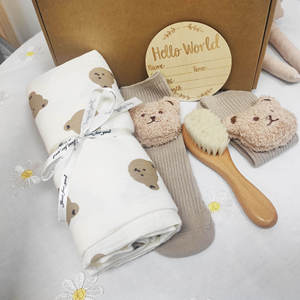 Set regalo personalizzato con stampa dell'orso <span class=keywords><strong>Baby</strong></span> Shower in cotone avvolgente Set regalo di mussola per neonati - Product Image 4