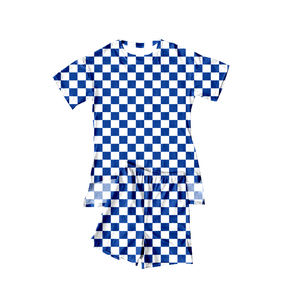 GSSO3152 Custom Little Active Girl blue <b>white</b> plaid Print Casual Worsted Short Sleeve Outfits for <b>Kids</b> Wholesale Children's Set - Product Image 1