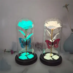 Rosa de ouro com luz led de rosa em copo, domo de vidro criativo de flores para mulheres 24k presentes do dia dos namorados com luz led