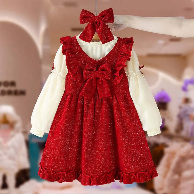 Mùa Đông Cô Gái Bông Bowknot Quần Áo Đặt Kid Quần Áo Giản Dị Bé Cô Gái Dài Tay Áo Dresses