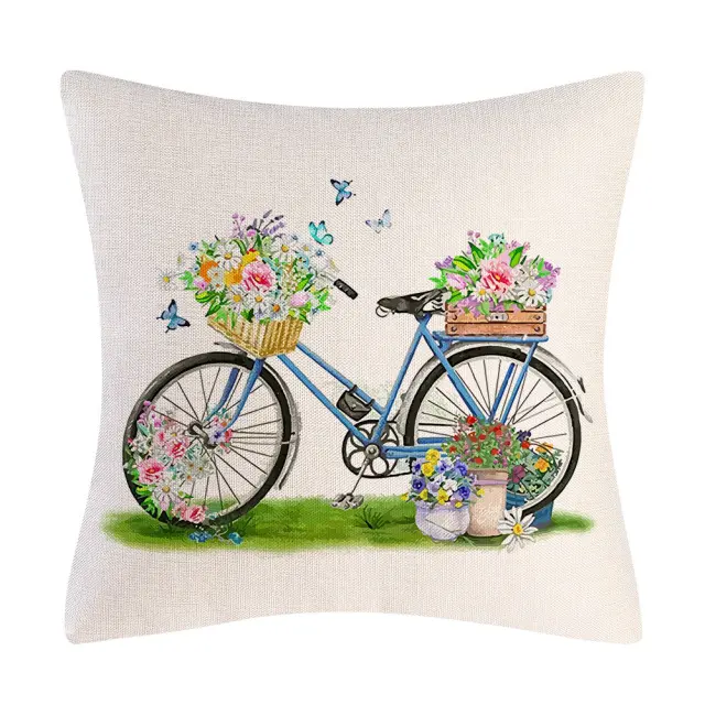 Spring Home Decor Cushion Cover 18x18 Inch Living Room Bedroom Decorative Linen Pillowcases Flowers Bike Printed Pillow Cover